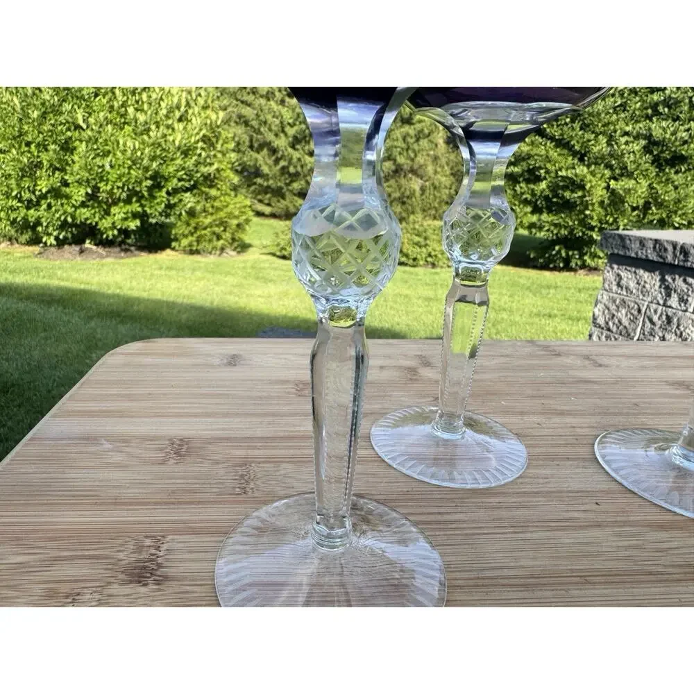 Vintage Bohemian Amethyst Cut to Clear Crystal Wine Glass 8-1/2”~set Of 4